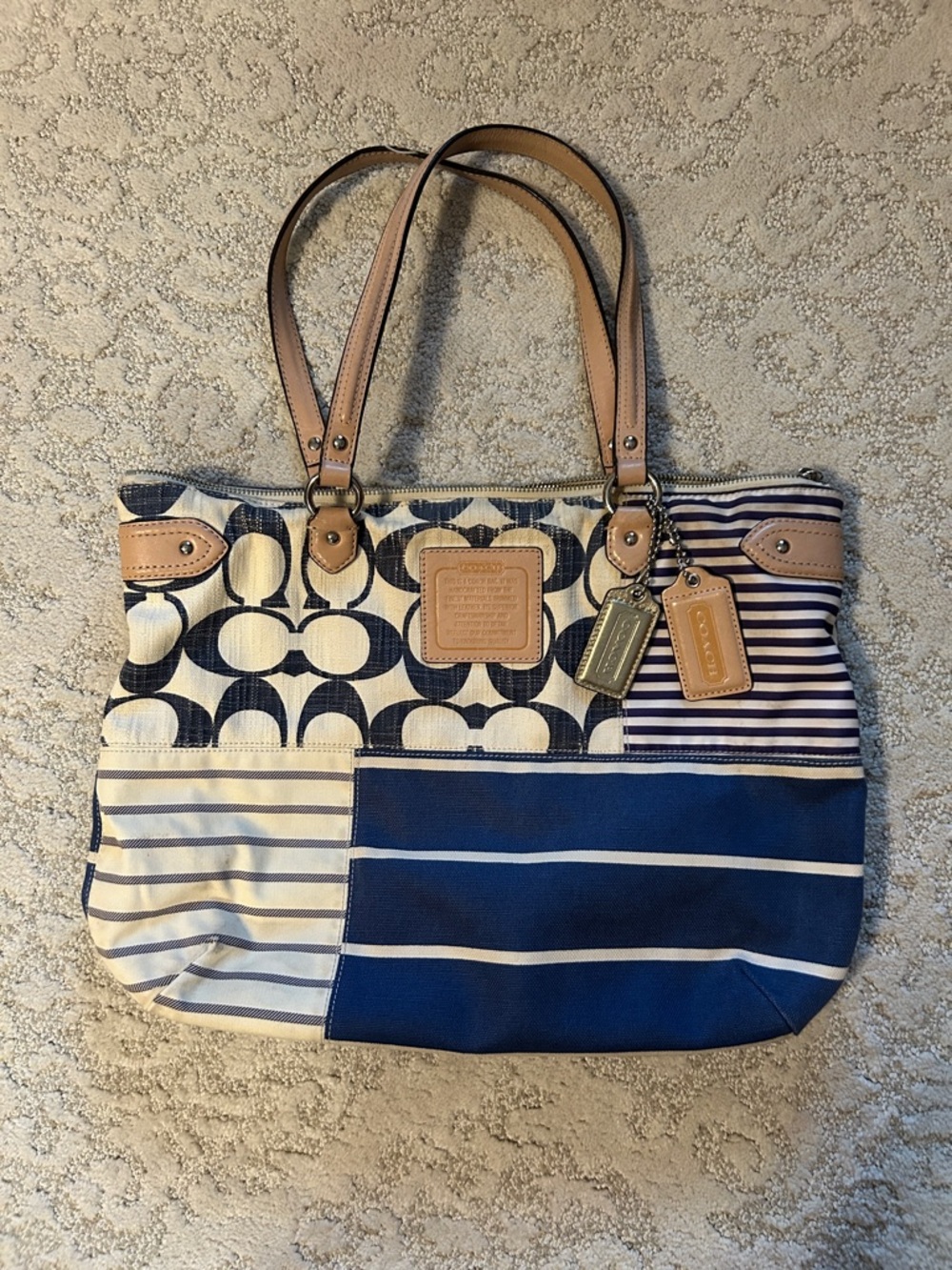 Coach Navy, White & Tan Patchwork Stripe Tote